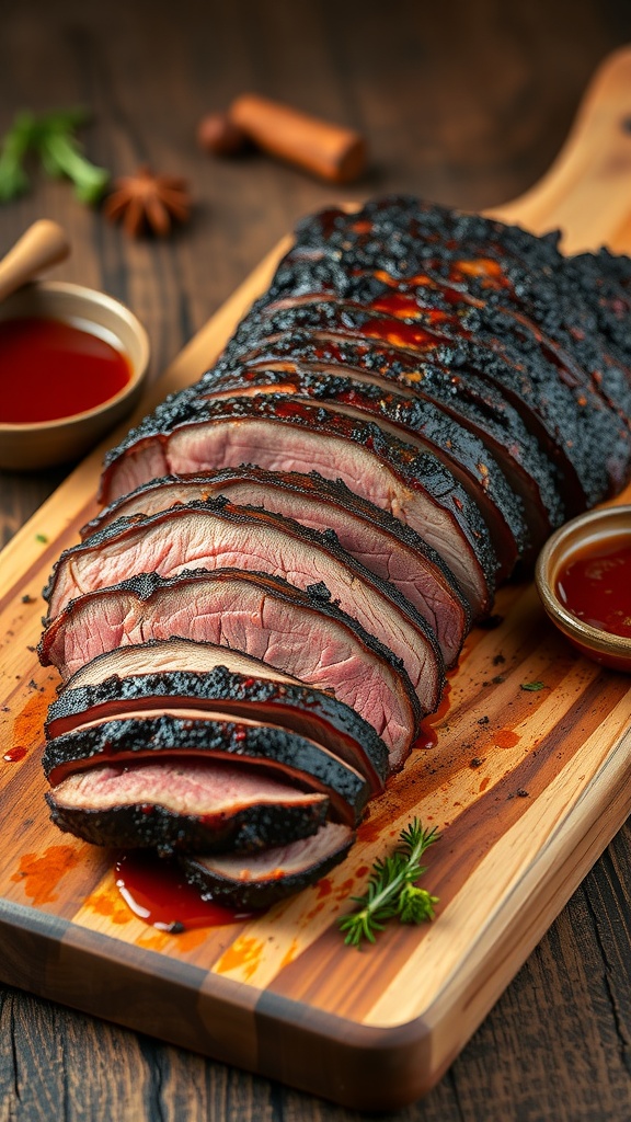 Smoky BBQ Beef Brisket Recipe Sliced smoky BBQ beef brisket on a cutting board with BBQ sauce and spices.